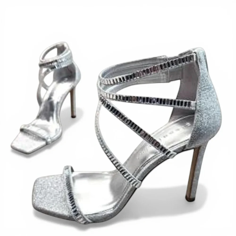 GIANNI BINI Silver Glitter Heels Women Strappy Rhinestone Sandals Size 9.5